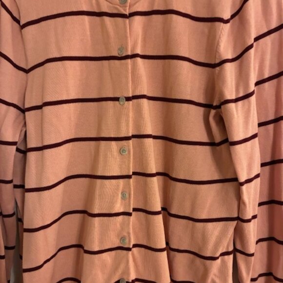 Lands End Women's Tall 100% Supima Cotton Peach Striped Cardigan Sweater Size LT - Picture 2 of 6